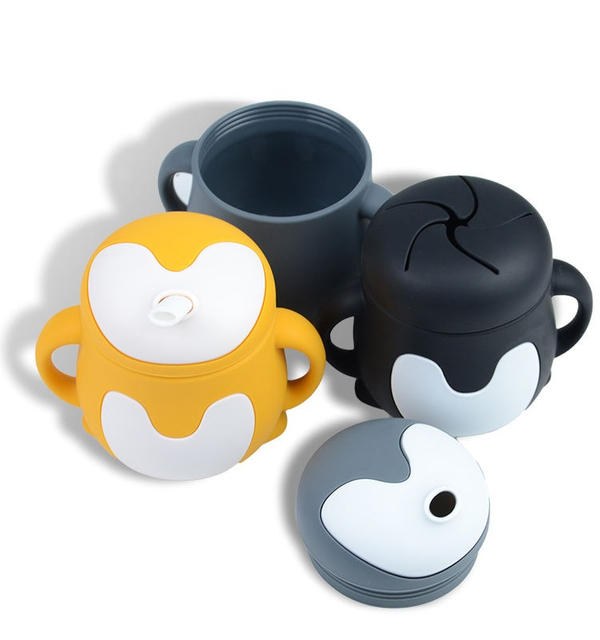 BPA 무료 펭귄 실리콘 아기 스낵 및 음료 컵 3-in-1 – 밀짚 뚜껑이 있는 300ml 유아 훈련 시피 컵, OEM/ODM 이용 가능
